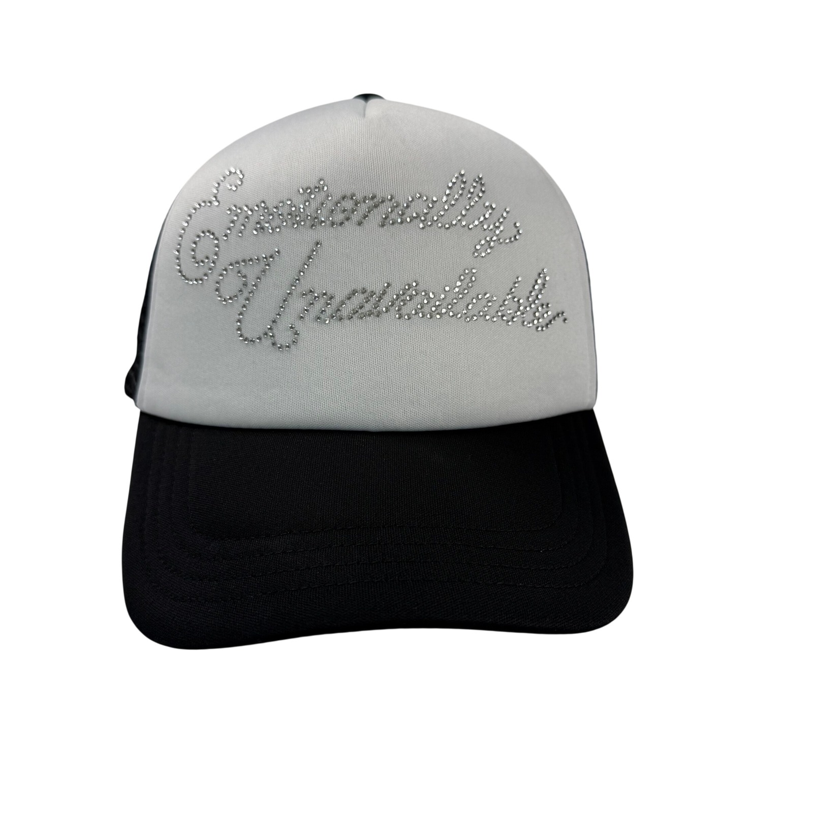 Emotionally Unavailable Rhinestone Trucker Hat Black White Snapback Cap Eu